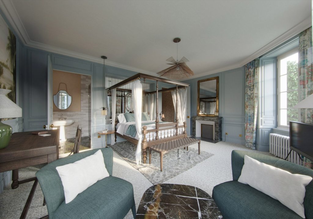 Zimmer mit Baldachin-Doppelbett, Vorhängen und blauer Bettwäsche im relais et château de locguenole in der bretagne