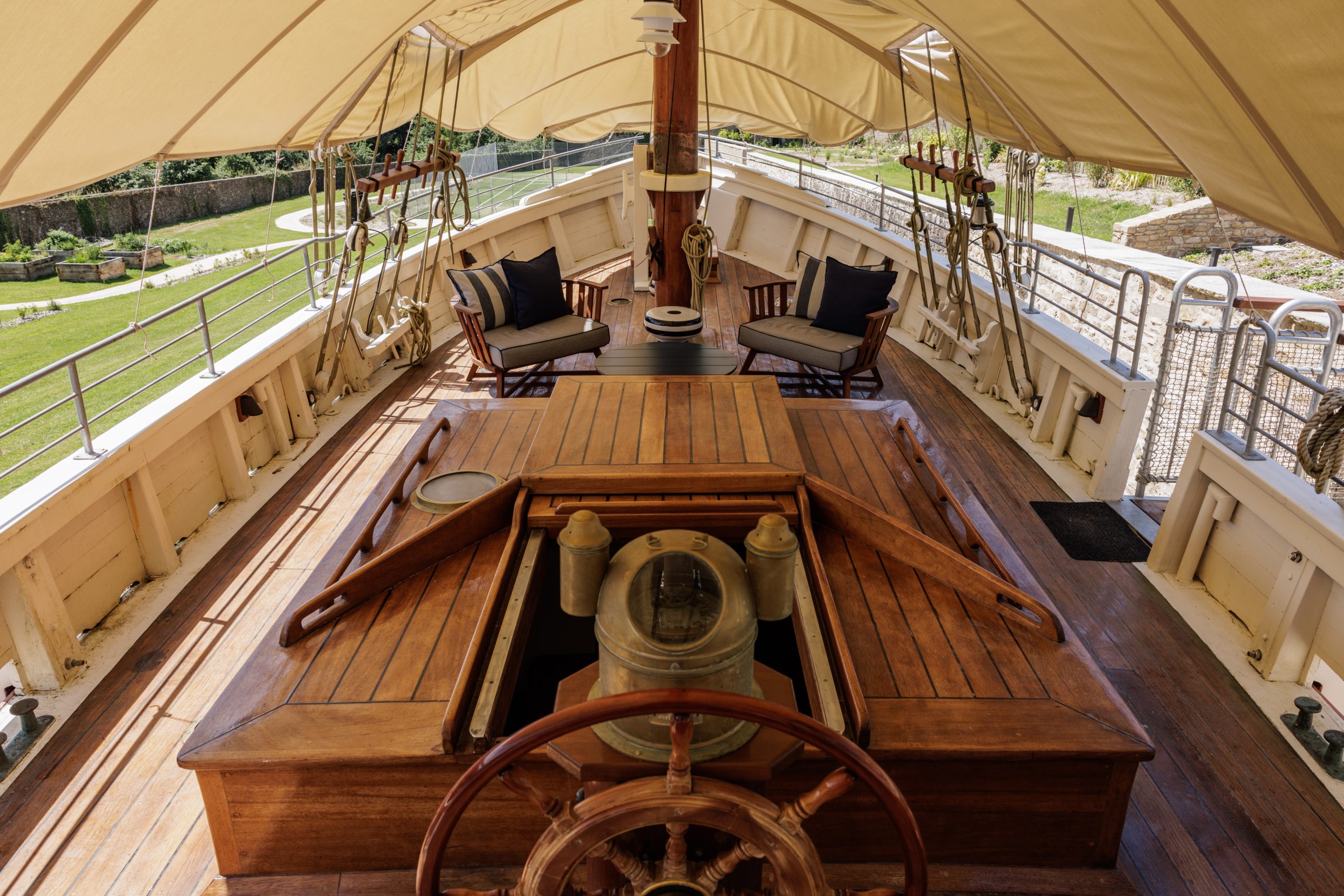 The bow of the boat Le Caprice, where a terrace has been laid out in the Domaine de Locguénolé, a luxury hotel in Brittany.