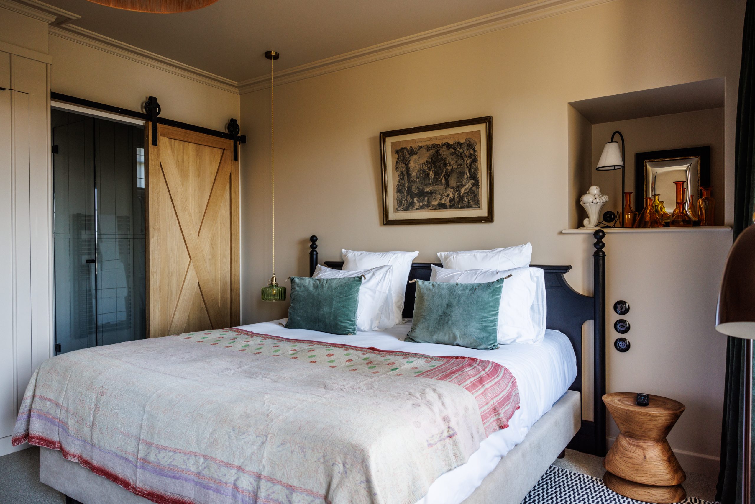 The beige, cocooning room in the Manoir at Domaine de Locguénolé in Brittany